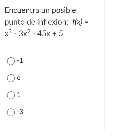 Encuentra un posible
punto de inflexión: f(x)=
x^3-3x^2-45x+5
-1
6
1
-3