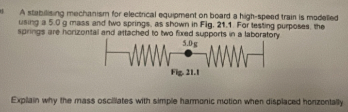 A stabilising mechanism for electrical equipment on board a high-speed train is modelled 
using a 5.0 g mass and two springs, as shown in Fig. 21.1. For testing purposes, the 
springs are horzontal and attached to two fixed supports in a laboratory 
Explain why the mass oscillates with simple harmonic motion when displaced honzontally