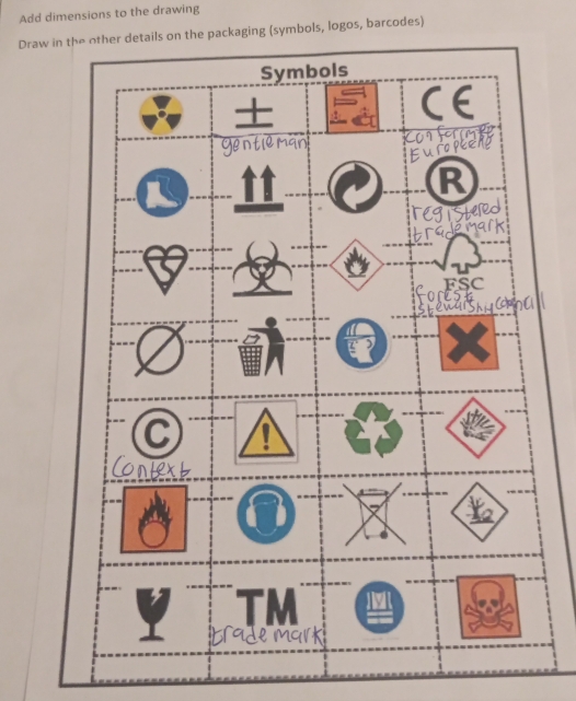 Add dimensions to the drawing 
Draw in thon the packaging (symbols, logos, barcodes)