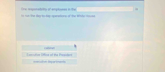 One responsibility of employees in the is
to run the day -to- day operations of the White House.
cabinet
Executive Office of the President
executive departments