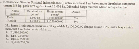 Berdasarkan Standar Nasional Indonesia (SNI), untuk membuat 1m^3 beton mutu diperlukan campuran
semen 253 kg, pasir 869 kg dan kerikil 1.001 kg. Diketahui harga material adalah sebagai berikut:
Jika harga 1 sak semen berukuran 50 kg adalah Rp100.000,00 dengan diskon 10%, maka biaya untuk
membuat 1m^3 beton mutu adalah ....
A. Rp890.300,00
B. Rp870.100,00
C. Rp830.900,00
D. Rp810.700,00