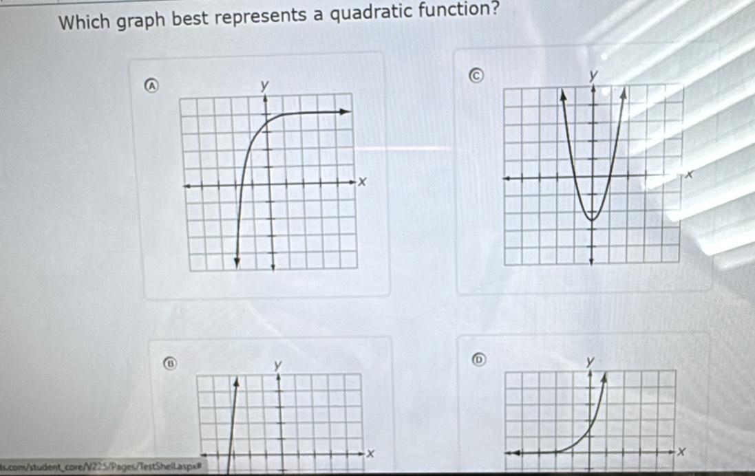 Which graph best represents a quadratic function?
y
y
x
s.com/student_core/V225/Pages/TestSheiLaspx