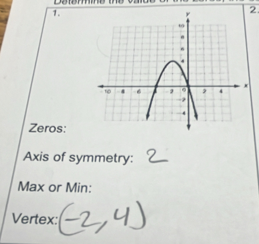 Detemmne 
1. 
2. 
Zeros: 
Axis of symmetry: 
Max or Min: 
Vertex: