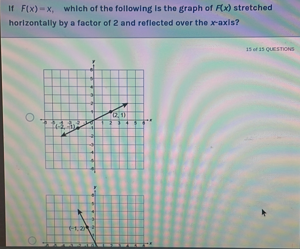 If F(x)=x , which of the following is the graph of F(x) stretched
horizontally by a factor of 2 and reflected over the x-axis?
15 of 15 QUESTIONS
a