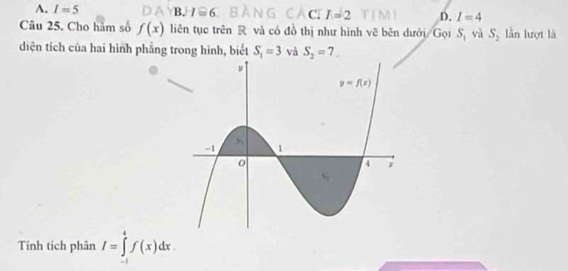 A. I=5 B. I≌ 6 C. I=2 D. I=4
Câu 25. Cho hảm số f(x) liên tục trên R và có đồ thị như hình vẽ bên dướiGọi S_1 và S_2 lần lượt là
diện tích của hai hình phẳng trong hình, biết S_1=3 và S_2=7.
Tính tích phân I=∈tlimits _1^4f(x)dx.