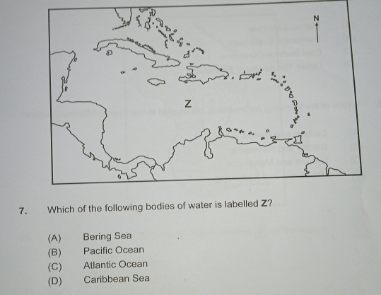 Which of the following bodies of water is labelled Z?
(A) Bering Sea
(B) Pacific Ocean
(C) Atlantic Ocean
(D) Caribbean Sea