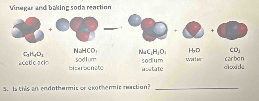 Vinegar and baking soda reaction
+
+ +
C_2H_4O_2
N aHCO_3
NaC_2H_3O_2 H_2O CO_2
acetic acid sodium sodium water carbon
bicarbonate acetate dioxide
5. Is this an endothermic or exothermic reaction?_