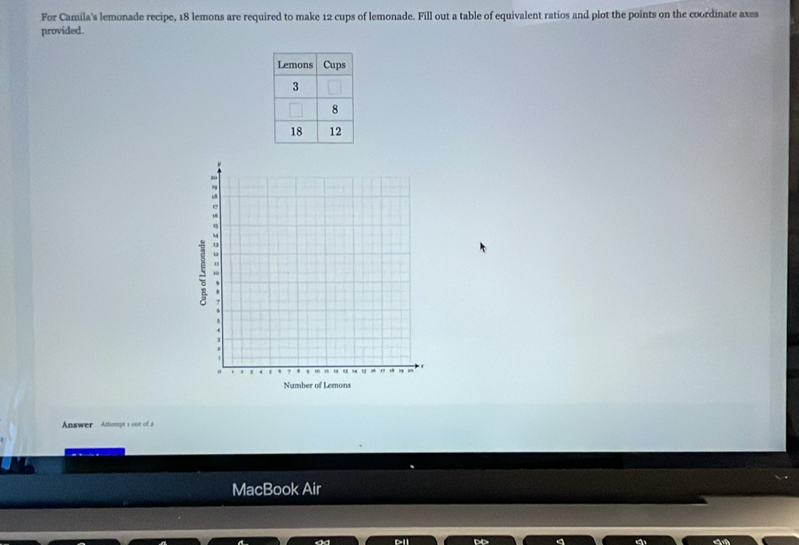 For Camila's lemonade recipe, 18 lemons are required to make 12 cups of lemonade. Fill out a table of equivalent ratios and plot the points on the coordinate axes 
provided. 
Answer Attempt 1 out of 2 
MacBook Air