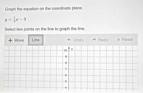 Graph the equation on the coordinate plane.
y= 1/2 x-3
Select two points on the line to graph the line.
Move Line Undo Redo × Reset