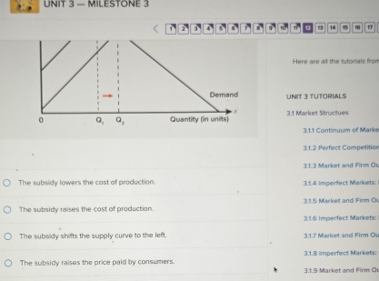 — MILESTONE 3
, 2 3 4 6 7 * 9 π 12 13 14 15 16 π
Here are all the tutorials fror
UNIT 3 TUTORIALS
3.1 Market Structues
3.1.1 Continuum of Marke
31.2 Perfect Competition
31 3 Market and Firm Ör
The subsidy lowers the cast of production 3.1.4 imperfect Markets:
The subsidy raises the cost of production. 31.5 Market and Firm O
3.1.6 imperfect Markets:
The subsidy shifts the supply curve to the left. 3.1.7 Market and Firm Ou
The subsidy raises the price paid by consumers. 3.1.8 Imperfect Markets:
3.1.9 Market and Firm Or