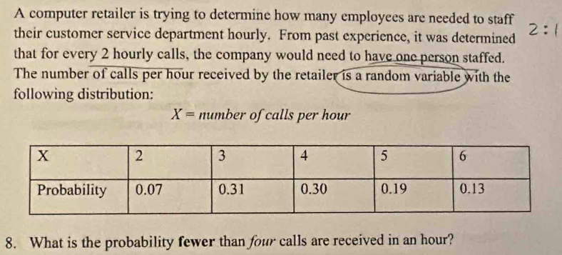 A computer retailer is trying to determine how many employees are needed to staff 
their customer service department hourly. From past experience, it was determined 
that for every 2 hourly calls, the company would need to have one person staffed. 
The number of calls per hour received by the retailer is a random variable with the 
following distribution:
X= number of calls per hour
8. What is the probability fewer than four calls are received in an hour?