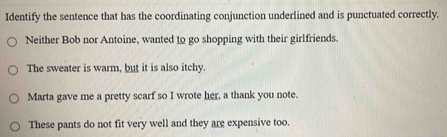 Identify the sentence that has the coordinating conjunction underlined and is punctuated correctly.
Neither Bob nor Antoine, wanted to go shopping with their girlfriends.
The sweater is warm, but it is also itchy.
Marta gave me a pretty scarf so I wrote her, a thank you note.
These pants do not fit very well and they are expensive too.