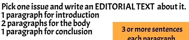 Pick one issue and write an EDITORIAL TEXT about it. 
1 paragraph for introduction 
2 paragraphs for the body 
1 paragraph for conclusion 3 or more sentences 
each paragranh