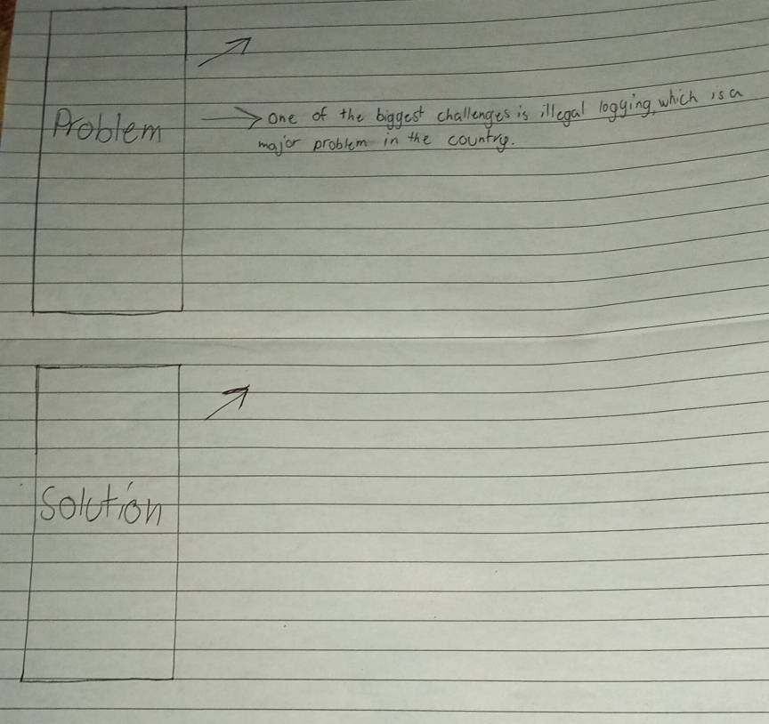 Problem 
one of the biggest challenges is illegal logying, which is a 
major problem in the country. 
A 
solction