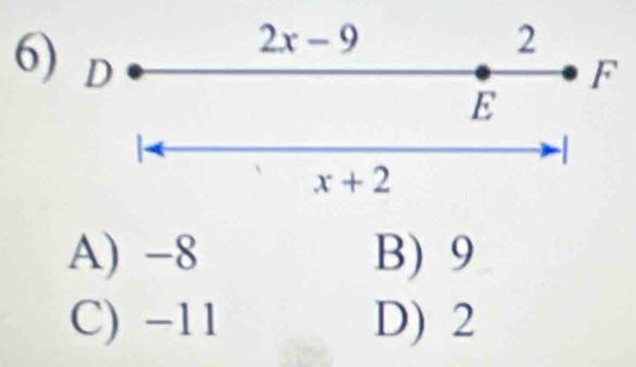 2x-9
2
6) D
F
E
A
x+2
A) -8 B) 9
C) −11 D) 2