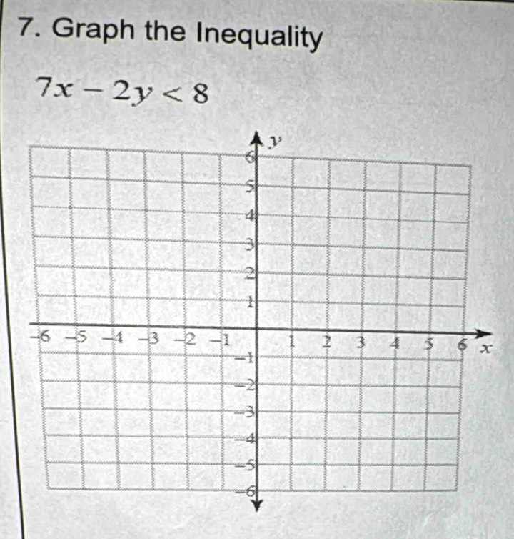 Graph the Inequality
7x-2y<8</tex>