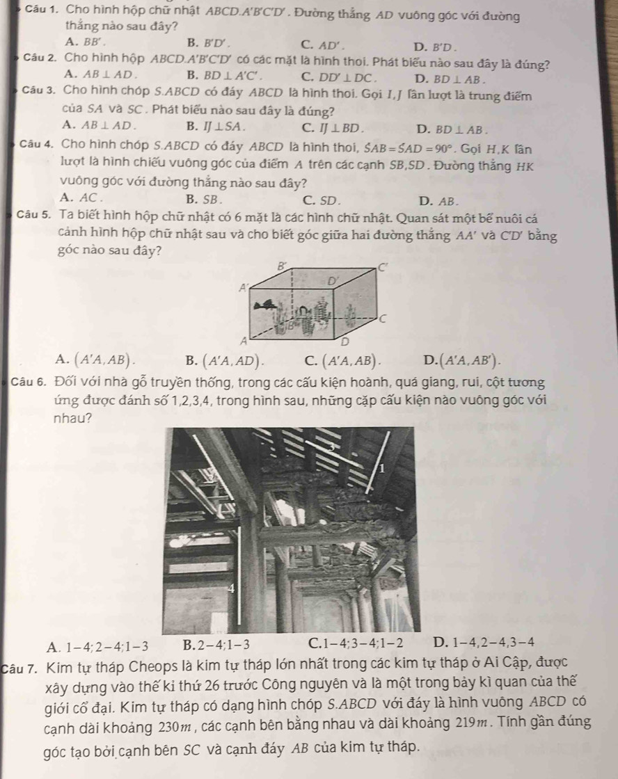 Cho hình hộp chữ nhật ABCD.A'B'C'D' . Đường thắng AD vuông góc với đường
thắng nào sau đây?
A. BB'. B. B'D'. C. AD'. D. B'D.
Câu 2. Cho hình hộp ABCD.A'B 'C'D' có các mặt là hình thoi. Phát biểu nào sau đây là đúng?
A. AB⊥ AD. B. BD⊥ A'C'. C. DD'⊥ DC. D. BD⊥ AB.
Câu 3. Cho hình chóp S.ABCD có đáy ABCD  là hình thoi. Gọi I, J lân lượt là trung điểm
của SA và SC . Phát biểu nào sau đây là đúng?
A. AB⊥ AD. B. IJ⊥ SA. C. IJ⊥ BD. D. BD⊥ AB.
Câu 4. Cho hình chóp S.ABCD có đáy ABCD là hình thoi, SAB=SAD=90°. Gọi H,K lân
lượt là hình chiếu vuông góc của điểm A trên các cạnh SB,SD. Đường thắng HK
vuông góc với đường thắng nào sau đây?
A. AC . B. SB . C.SD . D. AB .
Câu 5. Ta biết hình hộp chữ nhật có 6 mặt là các hình chữ nhật. Quan sát một bể nuôi cá
cảnh hình hộp chữ nhật sau và cho biết góc giữa hai đường thắng AA' và C'D' bằng
góc nào sau đây?
A. (A'A,AB). B. (A'A,AD). C. (A'A,AB). D. (A'A,AB').
Câu 6. Đối với nhà gỗ truyền thống, trong các cấu kiện hoành, quá giang, rui, cột tương
ứng được đánh số 1,2,3,4, trong hình sau, những cặp cấu kiện nào vuông góc với
nhau?
A. 1-4 2-4· 1. -3 B. 2-4;1-3 C.1-4;3-4;1-2 . 1-4,2-4,3-4
Câu 7. Kim tự tháp Cheops là kim tự tháp lớn nhất trong các kim tự tháp ở Ai Cập, được
xây dựng vào thế kỉ thứ 26 trước Công nguyên và là một trong bảy kì quan của thế
giới cổ đại. Kim tự tháp có dạng hình chóp S.ABCD với đáy là hình vuông ABCD có
cạnh dài khoảng 230m , các cạnh bên bằng nhau và dài khoảng 219m. Tính gần đúng
góc tạo bởi cạnh bên SC và cạnh đáy AB của kim tự tháp.