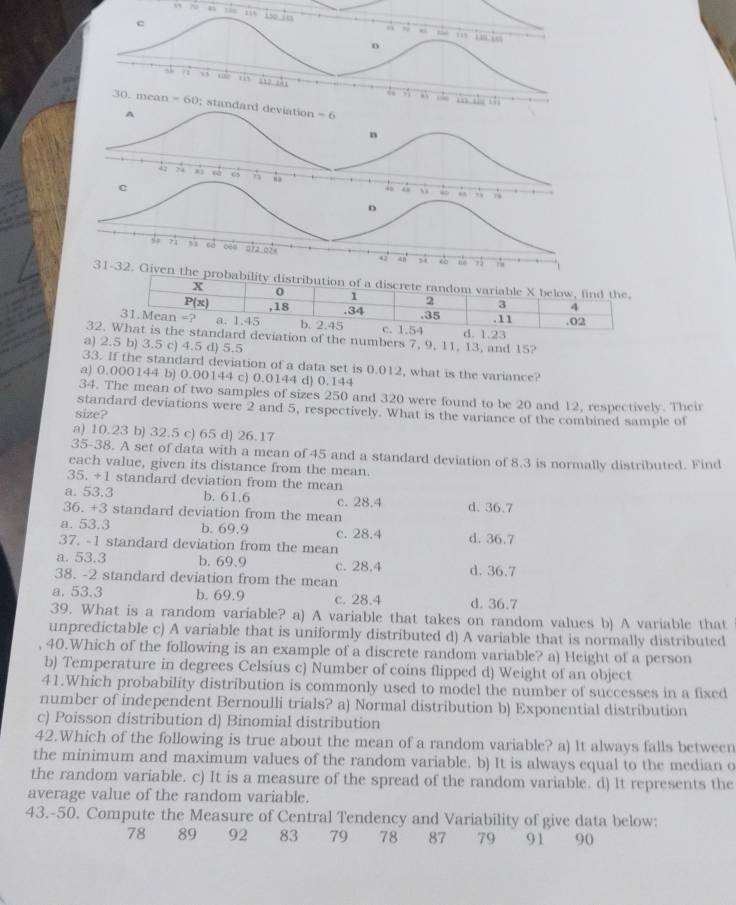 standard deviation -6
A
n
4 24 ω 65 “
C
“ “
“
D
71 51 0?2 02x 54
42'
7
31-32. Given the probability distribution of a discrete random variable X below, find the.
x 0 1 2 3 4
P(x) ,18 .34 .35
. 11 .02
31.Mean =? a. 1.45 b. 2.45 c. 1.54
32. What is the standard deviation of the numbers 7, 9, 11, 13, and 15? d. 1.23
a) 2.5 b) 3.5 c) 4.5 d) 5.5
33. If the standard deviation of a data set is 0.012, what is the variance?
a) 0.000144 b) 0.00144 c) 0.0144 d) 0.144
34. The mean of two samples of sizes 250 and 320 were found to be 20 and 12, respectively. Their
standard deviations were 2 and 5, respectively. What is the variance of the combined sample of
size?
a) 10.23 b) 32.5 c) 65 d) 26.17
35-38. A set of data with a mean of 45 and a standard deviation of 8.3 is normally distributed. Find
each value, given its distance from the mean.
35.+1 standard deviation from the mean
a. 53.3 b. 61.6 c. 28.4
36. +3 standard deviation from the mean d. 36.7
a. 53.3 b. 69.9 c. 28.4 d. 36.7
37. -1 standard deviation from the mean
a. 53.3 b. 69.9 c. 28.4
38. -2 standard deviation from the mean d. 36.7
a. 53.3 b. 69.9 c. 28.4 d. 36.7
39. What is a random variable? a) A variable that takes on random values b) A variable that
unpredictable c) A variable that is uniformly distributed d) A variable that is normally distributed
40.Which of the following is an example of a discrete random variable? a) Height of a person
b) Temperature in degrees Celsius c) Number of coins flipped d) Weight of an object
41.Which probability distribution is commonly used to model the number of successes in a fixed
number of independent Bernoulli trials? a) Normal distribution b) Exponential distribution
c) Poisson distribution d) Binomial distribution
42.Which of the following is true about the mean of a random variable? a) It always falls between
the minimum and maximum values of the random variable. b) It is always equal to the median o
the random variable. c) It is a measure of the spread of the random variable. d) It represents the
average value of the random variable.
43.-50. Compute the Measure of Central Tendency and Variability of give data below:
78 89 92 83 79 78 87 79 91 90