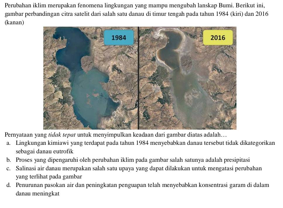 Perubahan iklim merupakan fenomena lingkungan yang mampu mengubah lanskap Bumi. Berikut ini,
gambar perbandingan citra satelit dari salah satu danau di timur tengah pada tahun 1984 (kiri) dan 2016
(kanan)
Pernyataan yang tidak tepat untuk menyimpulkan keadaan dari gambar diatas adalah...
a. Lingkungan kimiawi yang terdapat pada tahun 1984 menyebabkan danau tersebut tidak dikategorikan
sebagai danau eutrofik
b. Proses yang dipengaruhi oleh perubahan iklim pada gambar salah satunya adalah presipitasi
c. Salinasi air danau merupakan salah satu upaya yang dapat dilakukan untuk mengatasi perubahan
yang terlihat pada gambar
d. Penurunan pasokan air dan peningkatan penguapan telah menyebabkan konsentrasi garam di dalam
danau meningkat