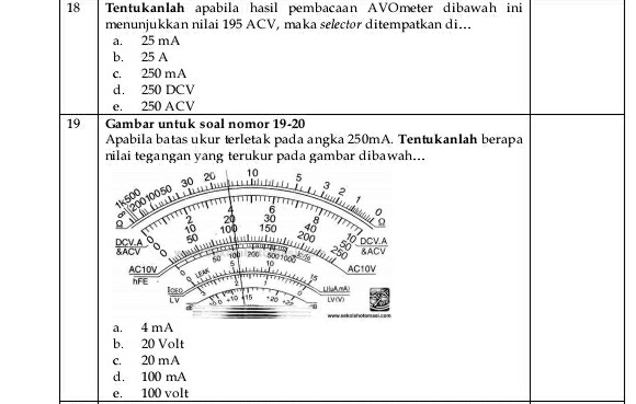 Tentukanlah apabila hasil pembacaan AVOmeter dibawah ini
menunjukkan nilai 195 ACV, maka selector ditempatkan di...
a. 25 mA
b. 25 A
c. 250 mA
d. 250 DCV
e. 250 ACV
19 Gambar untuk soal nomor 19-20
Apabila batas ukur terletak pada angka 250mA. Tentukanlah berapa
nilai tegangan yang terukur pada gambar dibawah..
a. 4 mA
b. 20 Volt
c. 20 mA
d. 100 mA
e. 100 volt