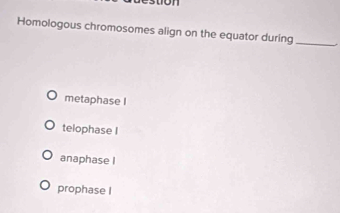 Homologous chromosomes align on the equator during_
metaphase I
telophase I
anaphase I
prophase I