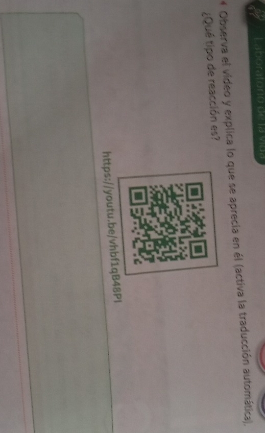 Laboratorio de la vida 
Observa el video y explica lo que se aprecia en él (activa la traducción automática), 
¿Qué tipo de reacción es? 
https://youtu.be/vhb8PI