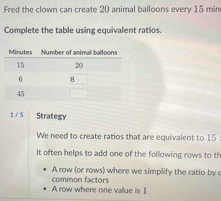 Fred the clown can create 20 animal balloons every 15 min
Complete the table using equivalent ratios.
1 / 5 Strategy
We need to create ratios that are equivalent to 15
It often helps to add one of the following rows to th
A row (or rows) where we simplify the ratio by c
common factors
A row where one value is 1