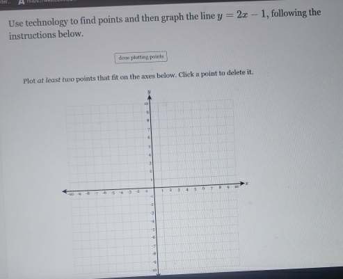 Use technology to find points and then graph the line y=2x-1 , following the 
instructions below. 
done plotting points 
Plot at least two points that fit on the axes below. Click a point to delete it.
-10