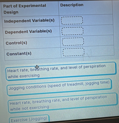 Heart rate, breathing rate, and level of perspi
while exercising
Jogging conditions (speed of treadmill, jogging time)
Heart rate, breathing rate, and level of perspiration
while not exercising
Exercise (Jogging)