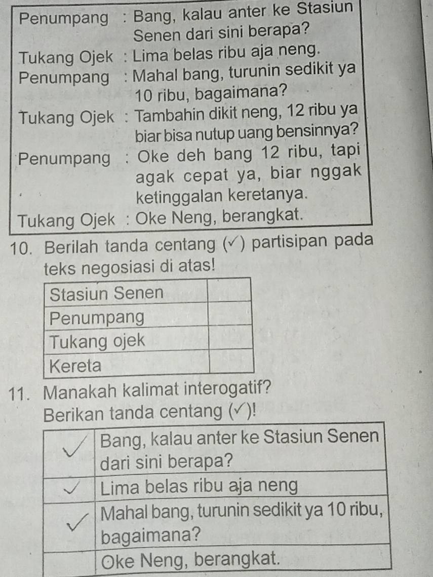 Penumpang : Bang, kalau anter ke Stasiun 
Senen dari sini berapa? 
Tukang Ojek : Lima belas ribu aja neng. 
Penumpang : Mahal bang, turunin sedikit ya
10 ribu, bagaimana? 
Tukang Ojek : Tambahin dikit neng, 12 ribu ya 
biar bisa nutup uang bensinnya? 
Penumpang : Oke deh bang 12 ribu, tapi 
agak cepat ya, biar nggak 
ketinggalan keretanya. 
Tukang Ojek : Oke Neng, berangkat. 
10. Berilah tanda centang (√) partisipan pada 
teks negosiasi di atas! 
11. Manakah kalimat interogatif? 
rikan tanda centang (√)!