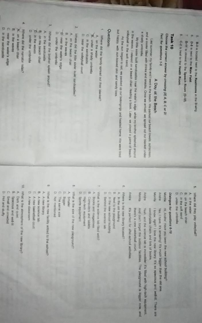 B-3 is located nast to the Restrooma in the B-wing. 5. Where did they play volleyball?
6. D-5 is next to the Main Field. A. in the water
7 D-11 is closest to the Speech Room (D-10). B. on the beach chair
8. C-2 is next to the Health Room. C. in the soft sand
D. under the umbreßla
Task 10
Dialegue for questions 6-10
Chouse the correct answer by crossing (X) A, B, C or D Monita Hi, Andra! Have you seen the new school building?
Text for queations 1-5 Monita Andre Yes. I have. It's amazing! It's much bigger than the old one.
A Day at the Beach I know, right? I love the new library. It's so spacious and well-lit. There are
Last summer, my family and I went to the beach. We packed our beach towels, sunscreen, comfortable chairs and lots of books.
and a cooler filled with drinks and snacks. Once we arrived, we spread out our blanket under Andre Yeah, and the science lab is incredible! It's filled with high-tech equipment.
a shady umbrella. Manita And don't forget the outdoor facilities. The playground is bigger now, and
My little sater built sandcastles near the water's edge, while my brother splashed around there's a new basketball court.
in the waves, I relaxed on a beach chair, reading a book, Later, we played a game of beach Andre It's perfect for after-school activities.
volleyball in the soft sand.
As the sun began to set, we packed up our belongings and headed home. We were lired 6. Where is the new library located?
A. In the old building
but happy, with sun-kissed skin and sandy toes. B. Next to the playground
Questions:
C. In the new school building
D. Behind the science lab
1 Where did the family spread out their blanket? ? What is the science lab filted with?
A on the water A. Books and magazines
B. under a shady umbrella B. Computers and lablets
C. in the sandcastle C. High-tech equipment
D near the volleyball court D. Sports equipment
2. Where did the little sister build sandcastles? 8 What is the size of the new playground?
A. on the beach chair A. Smailer
B. in the waves
D. Bigger
near the water's edg C. The same size
D. under the umbrella D. Not mentioned
3. Where did the brother splash around? 9. What is the new facility added to the school?
A. in the sandcastle
A. A new library
B. on the beach chair B. A new science lab
C in the waves C. A new basketball court
D. under the umbrella D A new classroom
10. What is the atmosphere of the new library?
4. Where did the narrator relax? A. Dark and quiet
A. on a beach chair B. Spacious and well-lit
B. in the waves C Small and crowded
C. near the water's edge D. Hot and stuffy
D. in the sandcastle