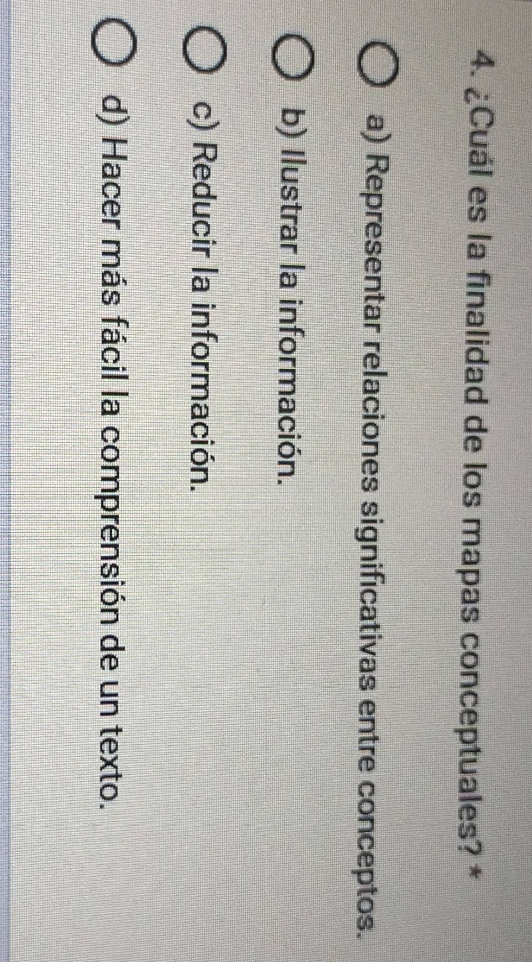 ¿Cuál es la finalidad de los mapas conceptuales? *
a) Representar relaciones significativas entre conceptos.
b) Ilustrar la información.
c) Reducir la información.
d) Hacer más fácil la comprensión de un texto.