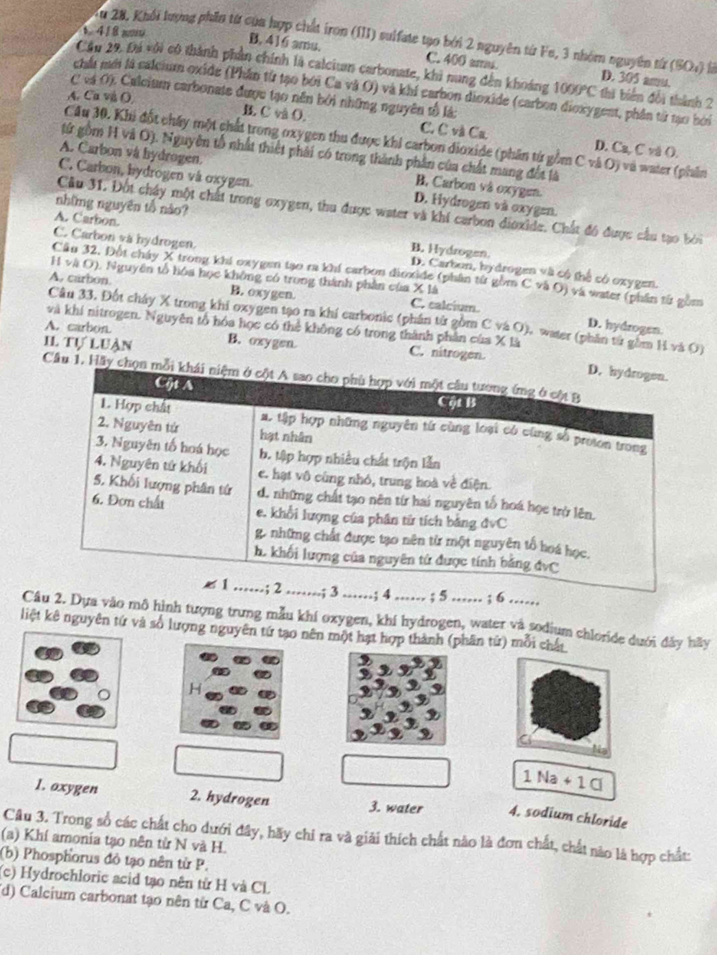 4 1 8 mo
Tu 28, Khổi lượng phần từ của hợp chất iron (III) suifate tạo bởi 2 nguyên từ Fe, 3 nhóm nguyên từ (5Or)
B, 416 ams. C. 400 amu. D. 305 amu.
Cầu 29, Đá với có thành phần chính là calcium carbonate, khi nung đến khoảng 1000°C thi biển đổi thành 2
chah mớ là caleium oxide (Phần từ tạo bởi Ca và O) và khi carbon dioxide (carbon dioxygent, phần từ tạo bởi
C cá O),. Calcium carbonate được tạo nền bởi những nguyên tố là:
A. Ca và O
B. C và O. C. C và Ca, D. Ca, C vã ().
Cầu 30. Khi đốt chây một chất trong oxygen thu được khi carbon dioxide (phân từ gồm C và O) và water (phần
tứ gồm H và O). Nguyên tổ nhất thiết phải có trong thành phần của chất mang đết là
A. Carbon và hydrogen. B. Carbon và oxygem.
C. Carbon, hydrogen vå oxygen. D. Hydrogen và oxygen.
những nguyên tổ nào?
Cầu 31. Đốt chây một chất trong oxygen, thu được water và khí carbon dioxide. Chất đó được cầu tạo bởi
A. Carbon. B. Hydrogen.
C. Carbon và hydrogen. D. Carbon, hydrogen và có thể có oxygen.
Cầu 32, Đội cháy X trong khí oxygen tạo ra khí carbon dioxide (phần từ gồm C và O) và water (phần từ gồm
H và O), Nguyên tổ hóa học không có trong thành phần của X là
A, carbon. B. oxygen. C. calcium.
Câu 33, Đốt cháy X trong khi oxygen tạo ra khí carbonic (phân từ gồm C và O), water (phân từ gồm H và O)
và khí nitrogen. Nguyên tổ hóa học có thể không có trong thành phân của X là
D. hydrogen.
A. carbon. B. oxygen C. nitrogen.
II Tự luàn
Cầu 1. Hãy chọn 
…… ; 5 … ; 6 ….
Câu 2. Dựa vào mô hình tượng trưng mẫu khí oxygen, khí hydrogen, water và sodium chloride dưới đây hãy
liệt kê nguyên tứ và số lượng nguyên tứ tạo nên một hạt hợp thành (phân tử) mỗi chất
H
a
1 Na+1 a
1. oxygen 2. hydrogen 3. water
4. sodium chloride
Câu 3. Trong số các chất cho dưới đây, hãy chi ra và giải thích chất nào là đơn chất, chất nào là hợp chất:
(a) Khí amonia tạo nên từ N và H.
(b) Phosphorus đỏ tạo nên từ P.
(c) Hydrochloric acid tạo nên tử H và CL
(d) Calcium carbonat tạo nên từ Ca, C và O.