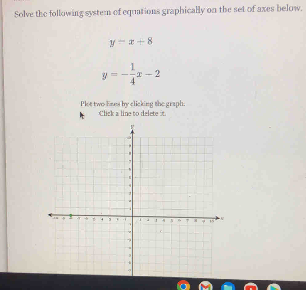 Solve the following system of equations graphically on the set of axes below.
y=x+8
y=- 1/4 x-2
Plot two lines by clicking the graph.
Click a line to delete it.