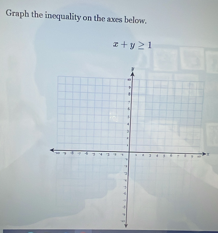 Graph the inequality on the axes below.
x+y≥ 1