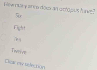 How many arms does an octopus have?
Six
Eight
Ten
Twelve
Clear my selection