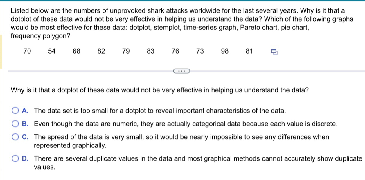 Listed below are the numbers of unprovoked shark attacks worldwide for the last several years. Why is it that a
dotplot of these data would not be very effective in helping us understand the data? Which of the following graphs
would be most effective for these data: dotplot, stemplot, time-series graph, Pareto chart, pie chart,
frequency polygon?
70 54 68 82 79 83 76 73 98 81
Why is it that a dotplot of these data would not be very effective in helping us understand the data?
A. The data set is too small for a dotplot to reveal important characteristics of the data.
B. Even though the data are numeric, they are actually categorical data because each value is discrete.
C. The spread of the data is very small, so it would be nearly impossible to see any differences when
represented graphically.
D. There are several duplicate values in the data and most graphical methods cannot accurately show duplicate
values.