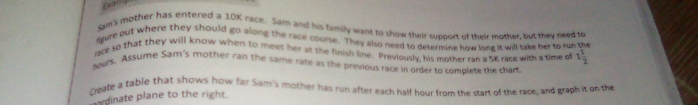 Examp 
Sam's mother has entered a 10K race. Sam and his family want to show their support of their mother, but they need to 
figure out where they should go along the race course. They also need to determine how long it will take her to run the 
race so that they will know when to meet her at the finish line. Previously, his mother ran a 5K race with a time of 1 1/2 
hours. Assume Sam's mother ran the same rate as the previous race in order to complete the chart 
Create a table that shows how far Sam's mother has run after each half hour from the start of the race, and graph it on the 
ordinate plane to the right.