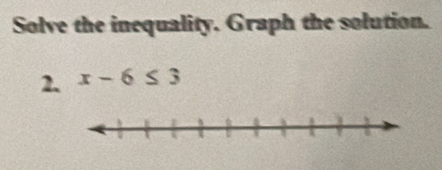 Solve the inequality. Graph the solution. 
2. x-6≤ 3