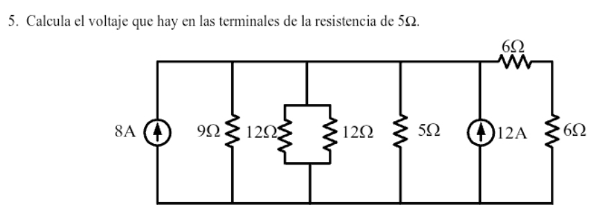 Calcula el voltaje que hay en las terminales de la resistencia de 5Ω.