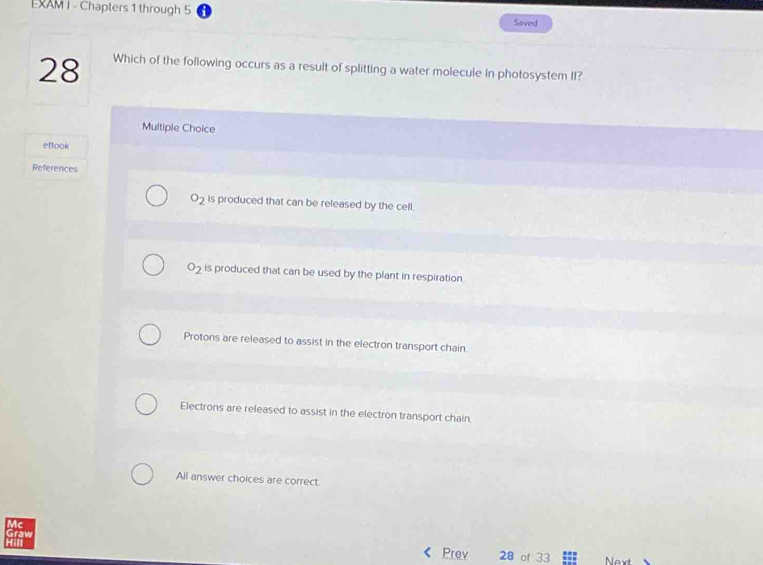 EXAM I - Chapters 1 through 5 Saved
28 Which of the following occurs as a result of splitting a water molecule in photosystem II?
Multiple Choice
eBook
References
O_2 is produced that can be released by the cell.
o_2 is produced that can be used by the plant in respiration.
Protons are released to assist in the electron transport chain.
Electrons are released to assist in the electron transport chain.
All answer choices are correct.
Mc
graw
Prev 28 of 33 Next