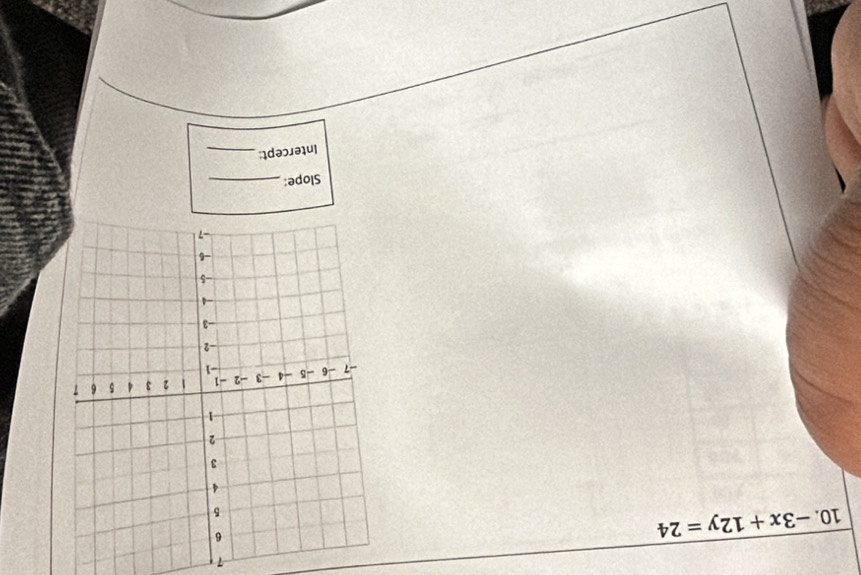 7 
10. -3x+12y=24
Slope_ 
Intercept:_