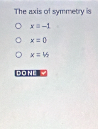 The axis of symmetry is
x=-1
x=0
x=1/2
DONE