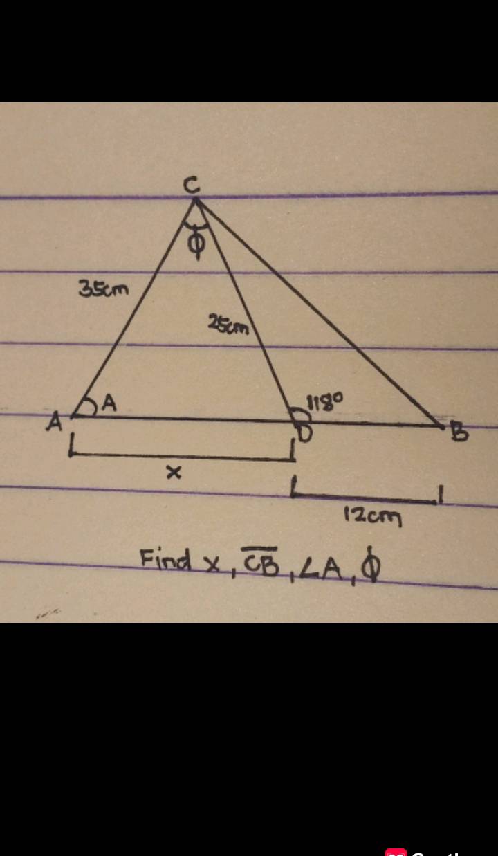 Find x,overline CB,∠ A,varnothing