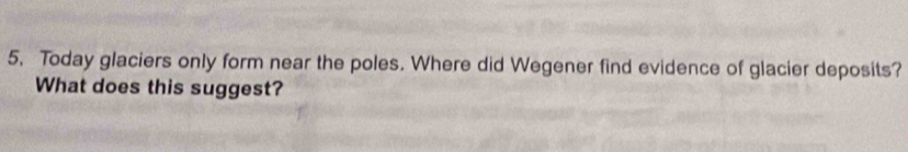 Today glaciers only form near the poles. Where did Wegener find evidence of glacier deposits? 
What does this suggest?