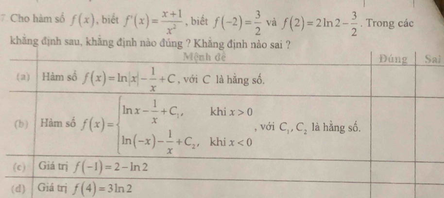 Cho hàm số f(x) , biết f'(x)= (x+1)/x^2  , biết f(-2)= 3/2  và f(2)=2ln 2- 3/2 . Trong các
khăng định sau, khăng định nào đúng ? 
i