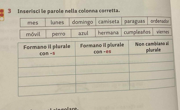 Inserisci le parole nella colonna corretta. 
mes lunes domingo camiseta paraguas ordenador 
e