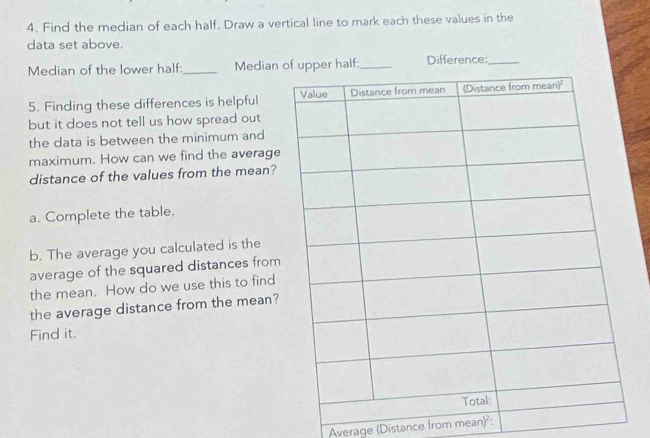 Find the median of each half. Draw a vertical line to mark each these values in the 
data set above. 
Median of the lower half:_ Median r half: Difference:_ 
5. Finding these differences is helpful 
but it does not tell us how spread out 
the data is between the minimum and 
maximum. How can we find the average 
distance of the values from the mean? 
a. Complete the table. 
b. The average you calculated is the 
average of the squared distances from 
the mean. How do we use this to find 
the average distance from the mean? 
Find it. 
Average (Distance from mean)²: