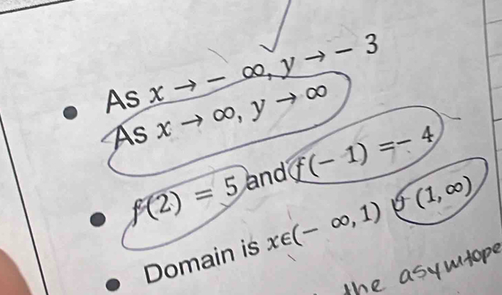 Asxto -∈fty , yto -3
Asxto ∈fty ,yto ∈fty f(-1)=-4
f(2)=5 and 
Domain is x∈ (-∈fty ,1) r (1,∈fty )
mop