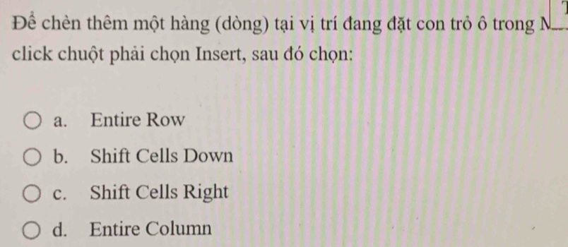 Để chèn thêm một hàng (dòng) tại vị trí đang đặt con trỏ ô trong
click chuột phải chọn Insert, sau đó chọn:
a. Entire Row
b. Shift Cells Down
c. Shift Cells Right
d. Entire Column